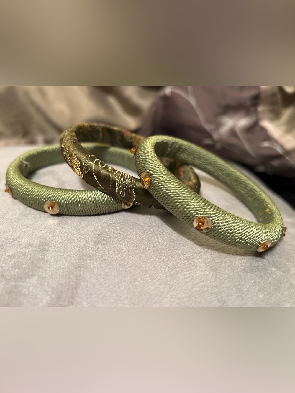 Set of 3 Green Fabric Wrapped Bangle Bracelets Embroidered Sequin Preowned